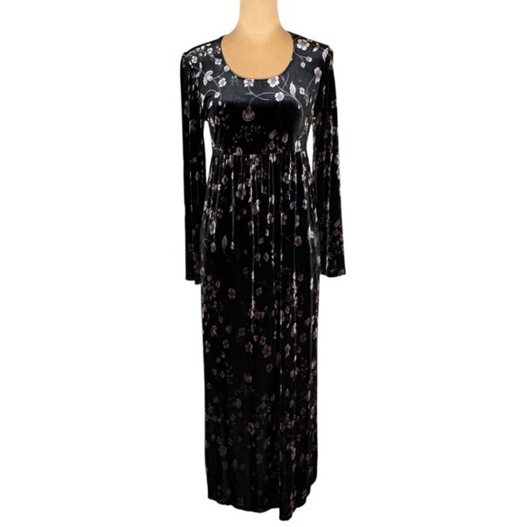 Vintage 90s Whimsigoth Velvet Maxi Dress Sz M Black Floral Witchy Goth Boho - Picture 2 of 13